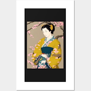 Ukiyo-e Japanese Art - Beautiful Woman Wearing Yellow Kimono Posters and Art